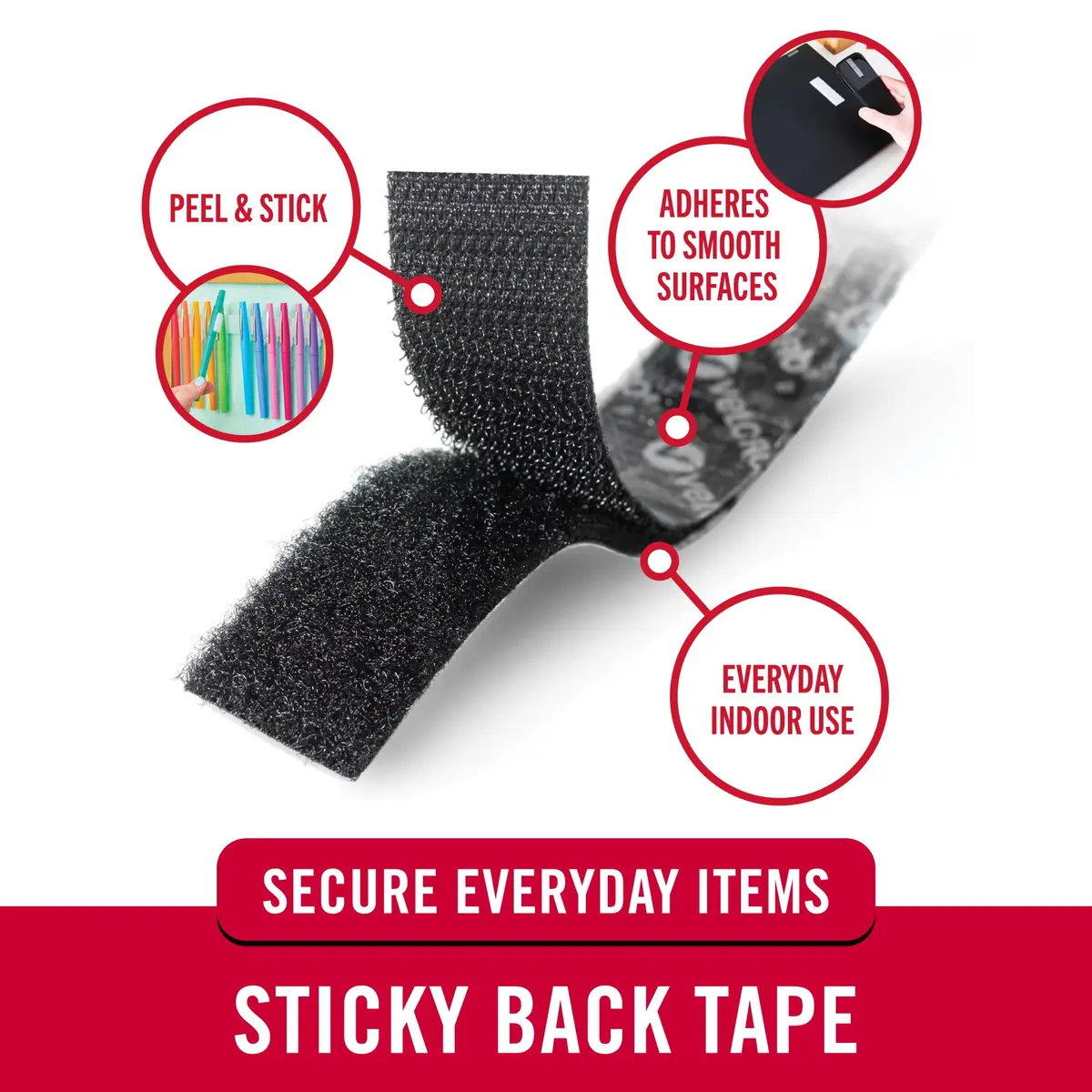 VELCRO Brand Sticky Back Tape Strips with Adhesive, Black 1.9cm (3/4 In) x 8.9cm (3 1/2 In) | Hook and Loop Fasteners for Home Organization, Classroom or Office (10 Strips) - view 2