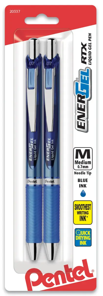 Pentel EnerGel RTX Retractable Gel Pen, 0.7mm Needle Tip, Blue Ink, 2-Pack (15.6g) | Smooth Writing & Fast Dry - main product image