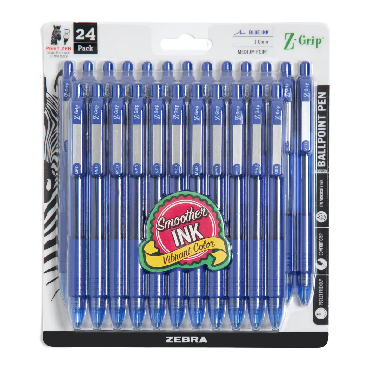 Zebra Pen Z-Grip Retractable Ballpoint Pen, Blue Ink, 1.0mm, 24-Pack | Smooth Writing, Medium Point Tip, Ideal for Planners, Note-Taking, School and Office Supplies, and Everyday Writing - main product image