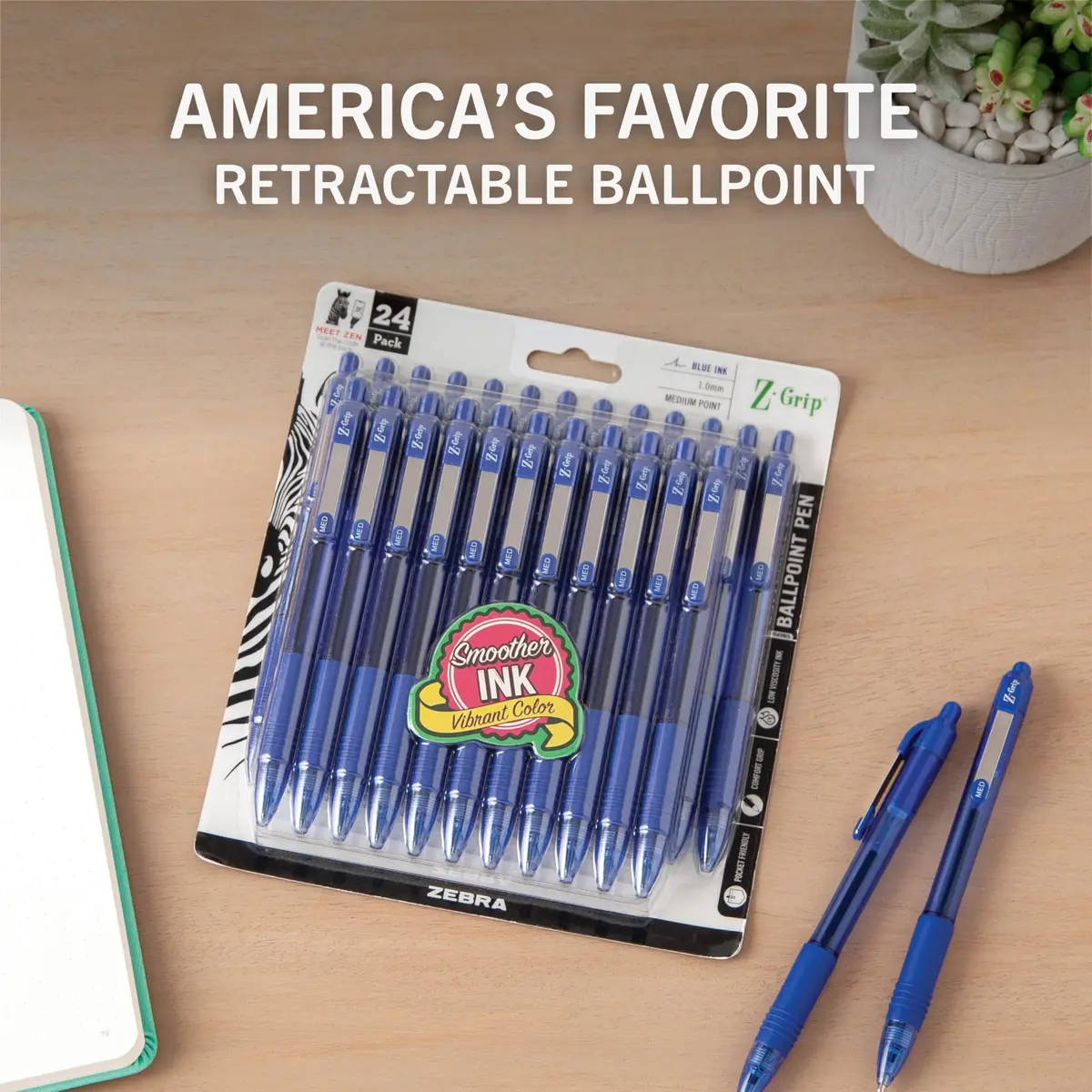 Zebra Pen Z-Grip Retractable Ballpoint Pen, Blue Ink, 1.0mm, 24-Pack | Smooth Writing, Medium Point Tip, Ideal for Planners, Note-Taking, School and Office Supplies, and Everyday Writing - view 2