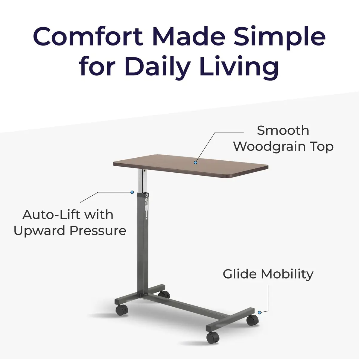 Drive Medical Overbed Table with Wheels | Stable, Adjustable Bedside Surface in Walnut Finish - view 4