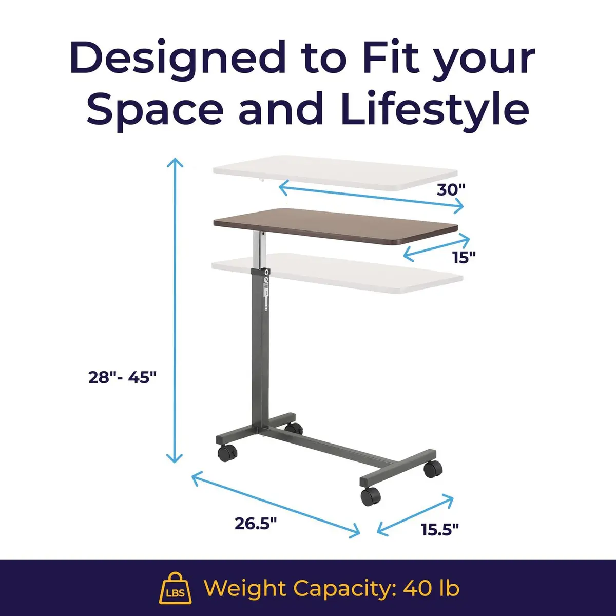 Drive Medical Overbed Table with Wheels | Stable, Adjustable Bedside Surface in Walnut Finish - view 7