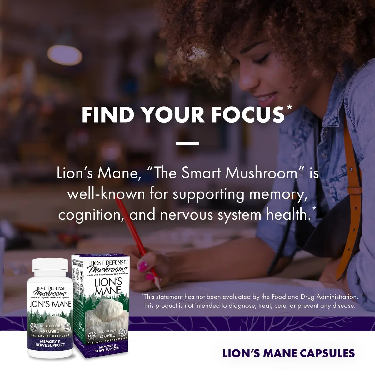 Host Defense Lion's Mane, Brain Support & Focus, 60 Capsules | Organic Mushroom for Mental Clarity - view 5
