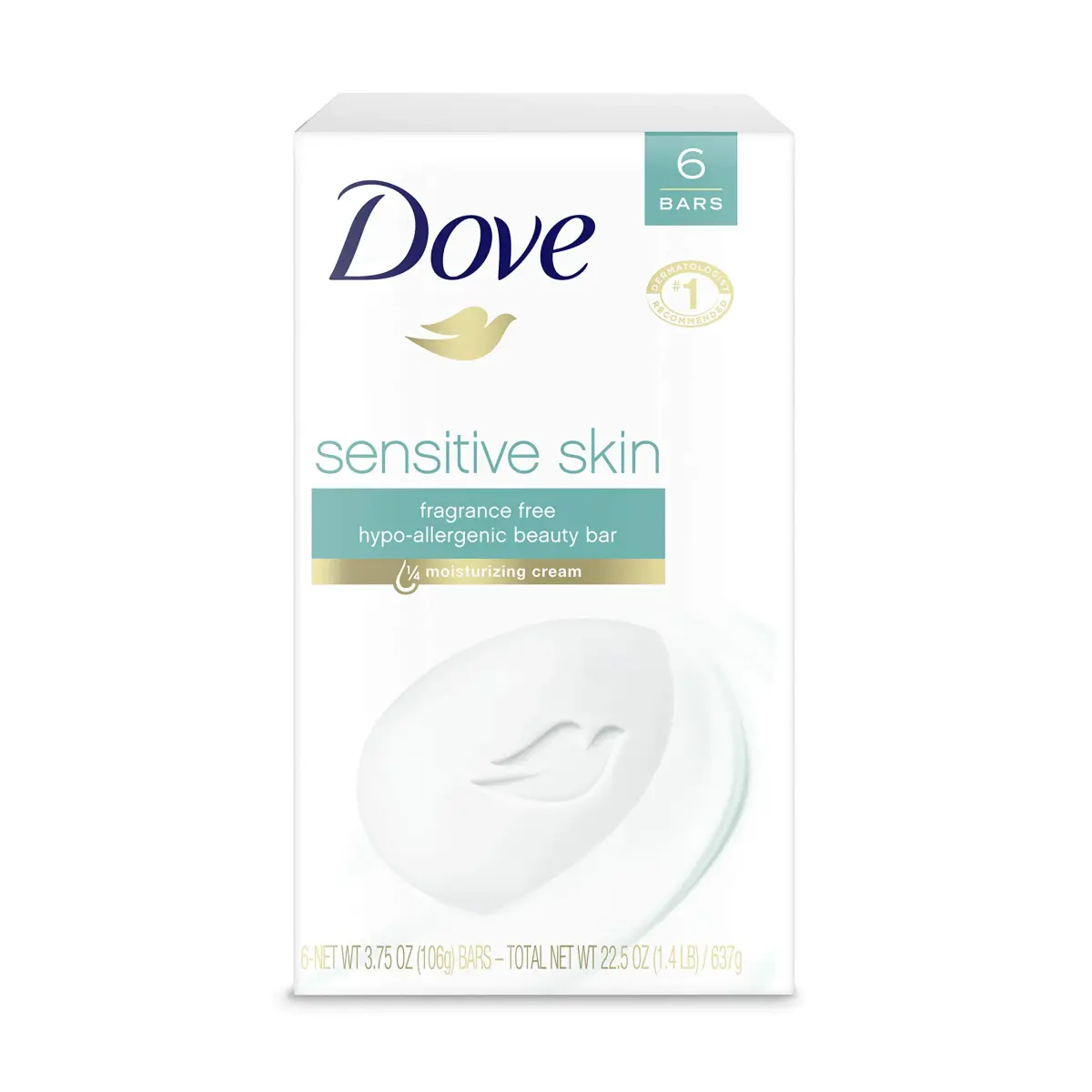 Dove Sensitive Skin Hypo-Allergenic Beauty Bar Soap, Unscented, 22.5 Ounce (Pack of 6) | Gentle Cleansing for All Skin Types - main product image
