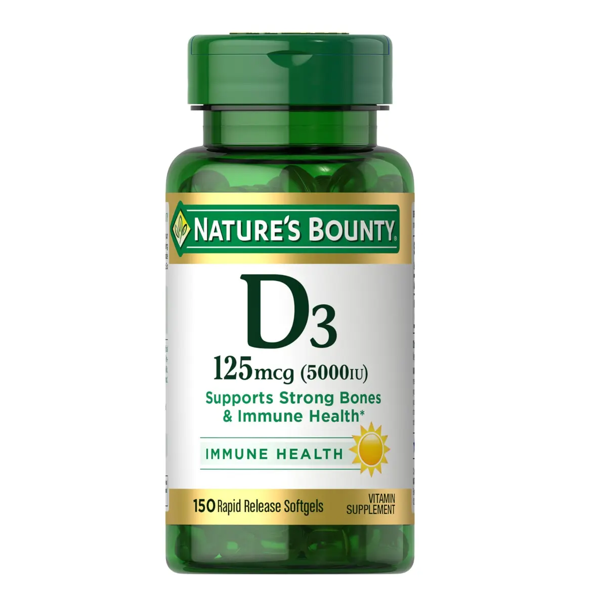 Nature's Bounty Vitamin D3 5000 IU Softgels | Rapid Release, 150 Count for Immune & Bone Support - main product image