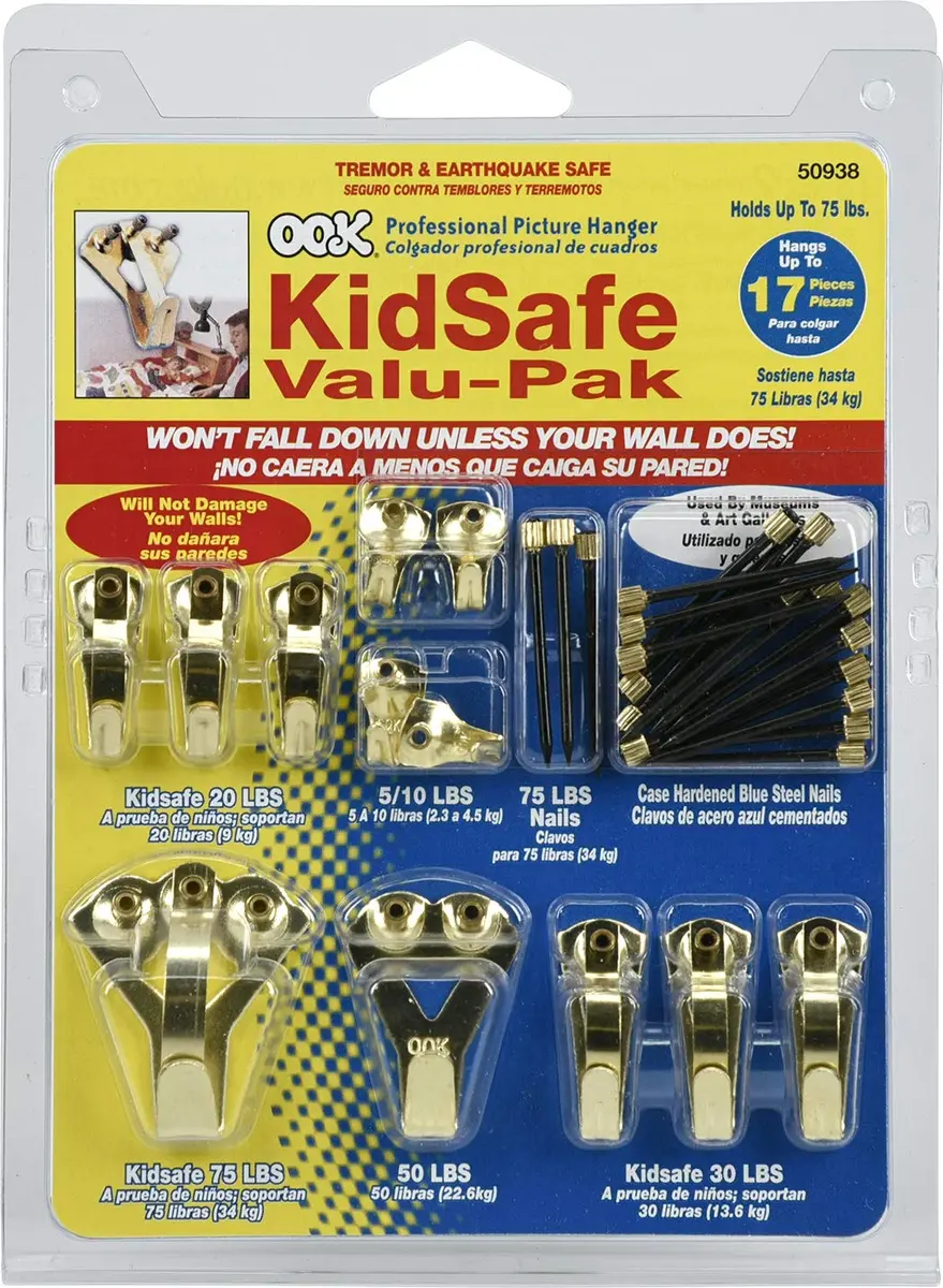 OOK Picture Hangers Value Pack 17-Piece Set | Brass Finish, 10-75lb Capacity Hooks - main product image