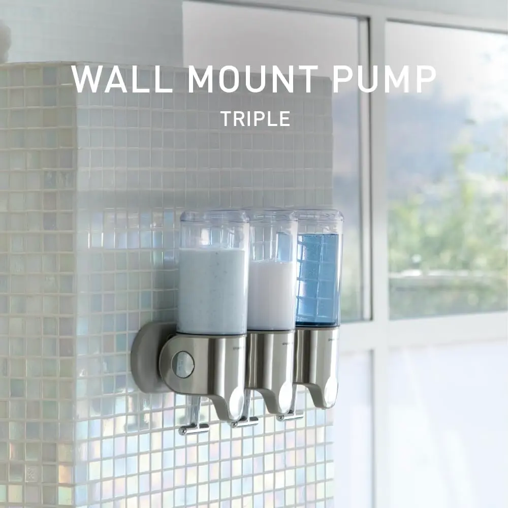 simplehuman Triple Wall Mount Pumps, Hotel-Grade Refillable 3-Chamber Shower Dispenser, Stainless Steel | Precise, No-Drill Install - view 4