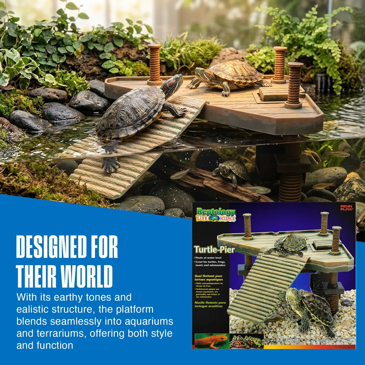Penn-Plax Reptology Turtle Pier and Basking Platform, Medium - Adjust Height Up to 12 In - Floats at Water Level - Easy Ramp Access for Turtles, Frogs & Reptiles in Aquariums or Terrariums, 11.5x9.5 In - view 6