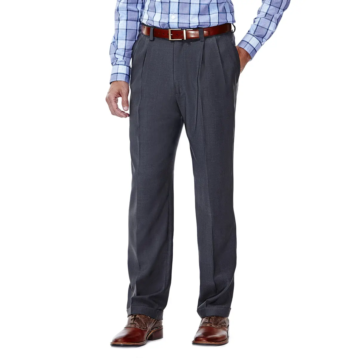 Haggar Men's E-Clo Repreve Classic Fit Pleat Front Dress Pant with Hidden Expandable Waistband Medium Grey 34W x 29L | Recycled Water Bottle Fabric - main product image