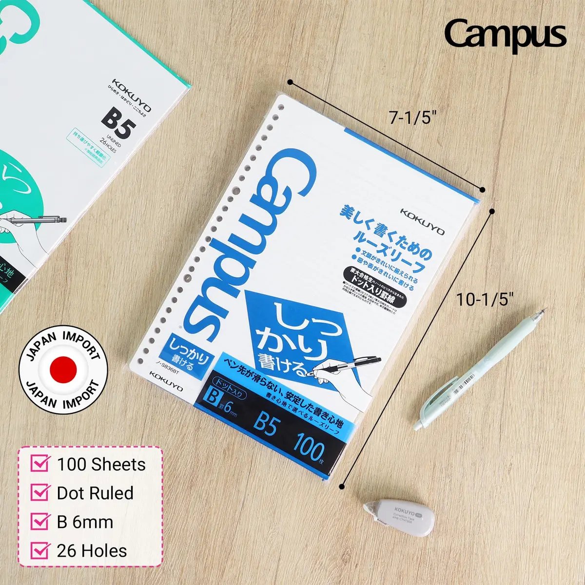 KOKUYO Campus B5 Loose Leaf Paper, 6mm Dot Ruled Refill Paper, 100 Sheets | Smooth Writing, Ink-Resistant, FSC Certified - view 2