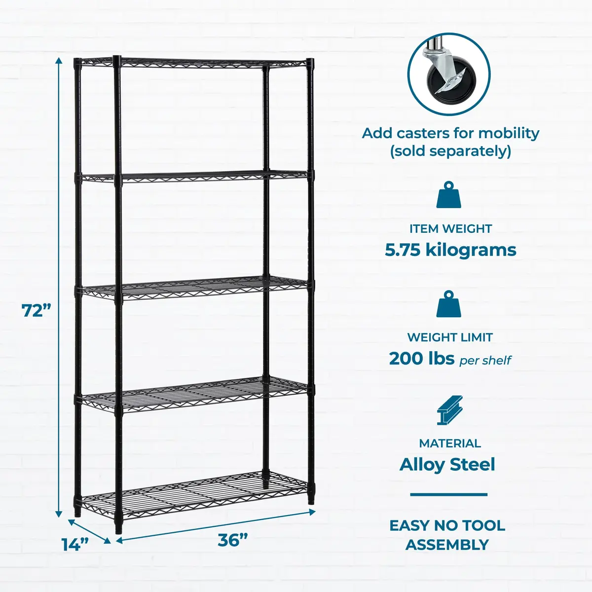 Honey-Can-Do 5-Tier Black Wire Shelf Unit 213cm (72in) | Heavy Duty 1000lb Capacity for Home & Garage - view 6