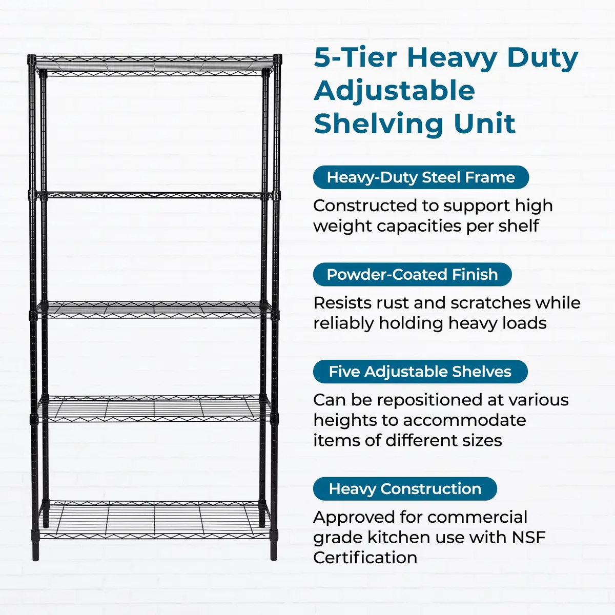 Honey-Can-Do 5-Tier Black Wire Shelf Unit 213cm (72in) | Heavy Duty 1000lb Capacity for Home & Garage - view 4