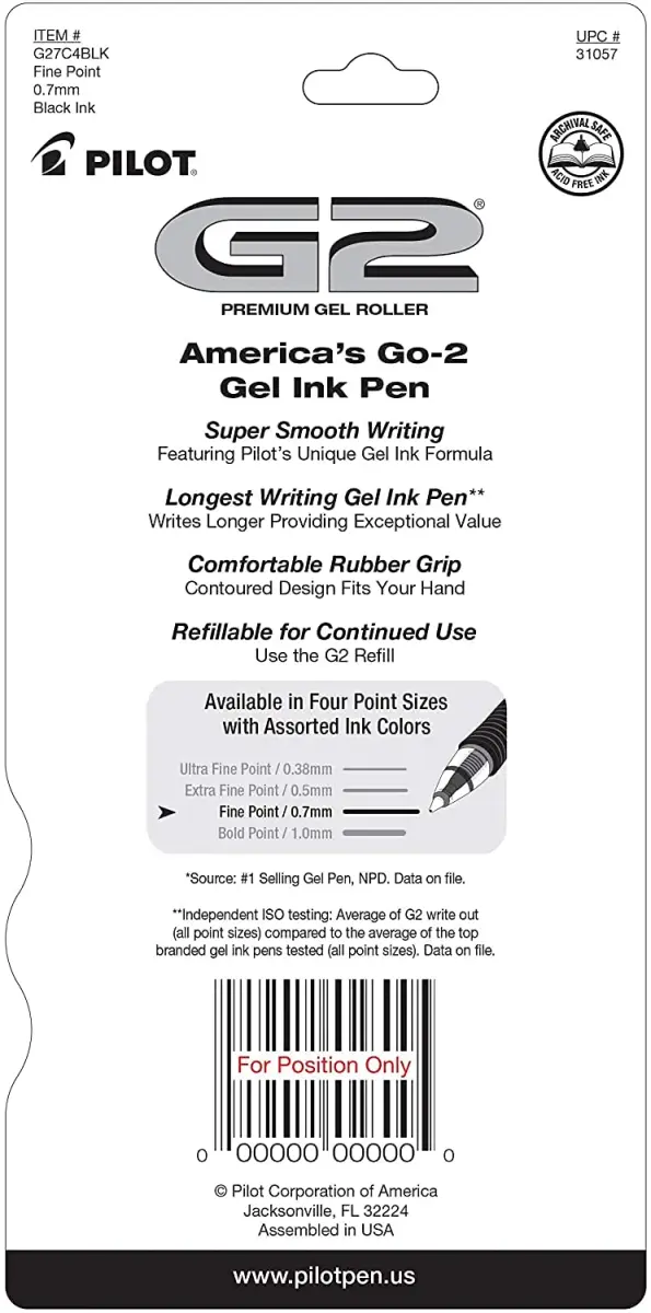PILOT G2 Premium Rolling Ball Gel Pens, Black Ink, 0.7mm Fine Point, 4-Pack | Smooth Writing for Students & Office - view 3