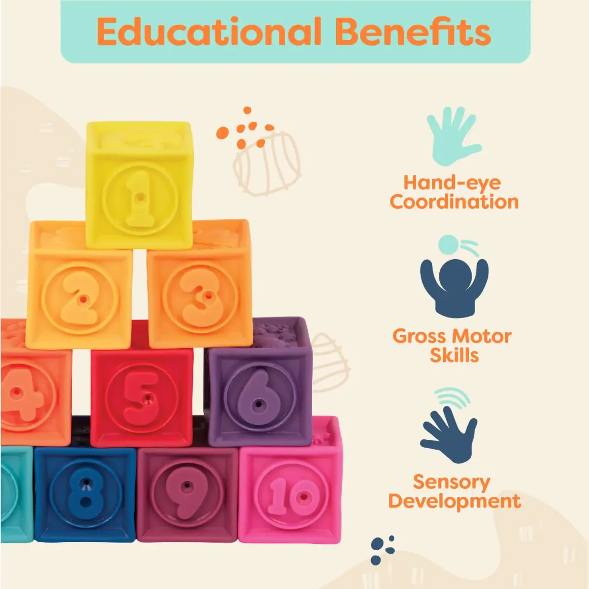 B. toys One Two Squeeze Soft Building Blocks 10 Pack | Educational Toy for Babies 6+ Months - view 3