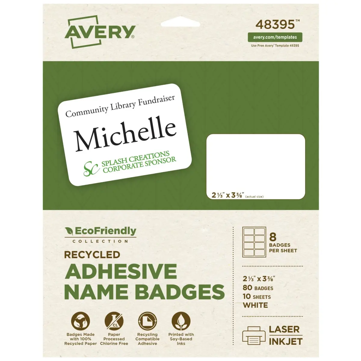Avery EcoFriendly Recycled Name Tags 2-1/3" x 3-3/8" White Removable Adhesive 80 Printable Name Badges | Made with 100% Post-Consumer Recycled Paper - main product image