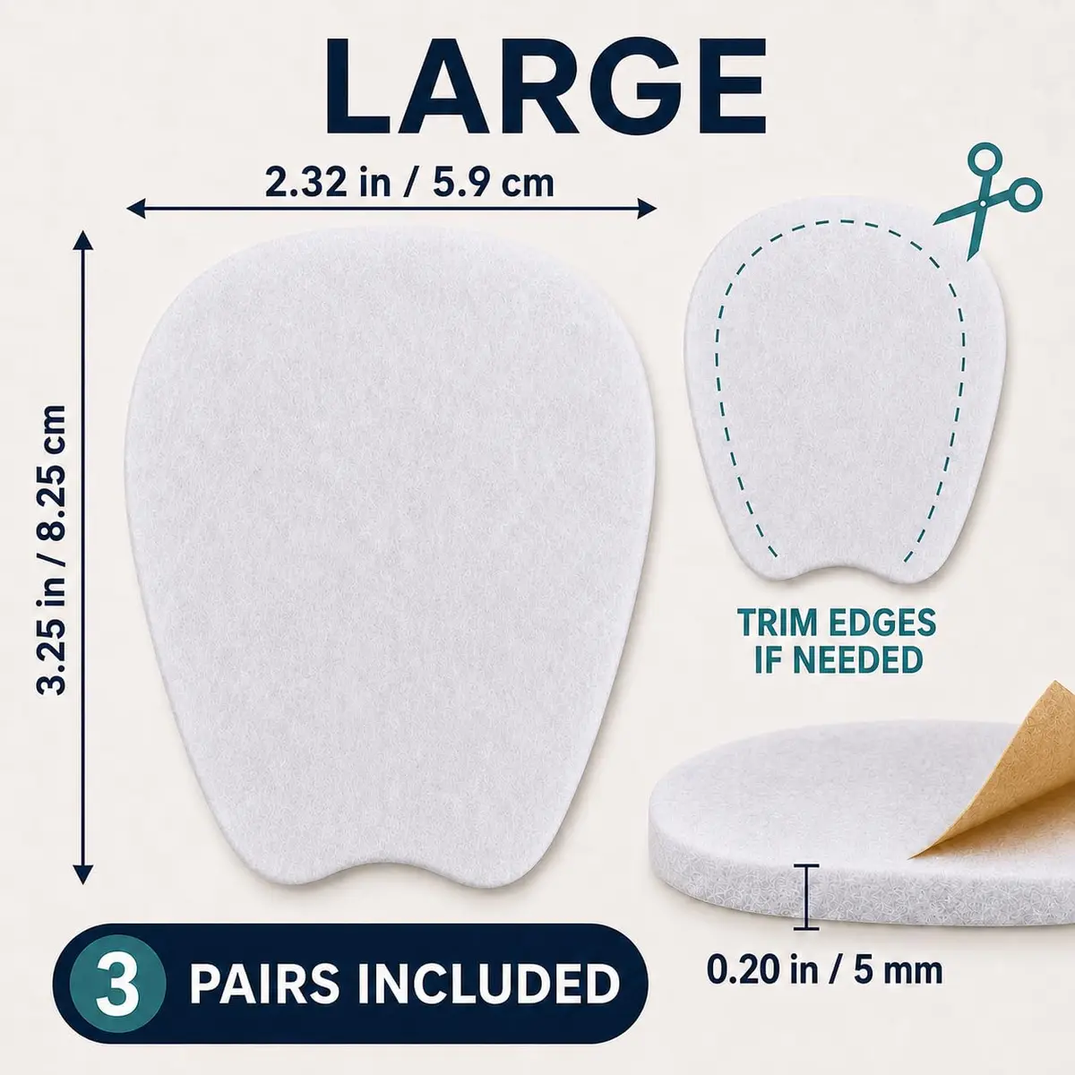 Liams Shoppe Large Felt Shoe Tongue Pads Cushion Inserts for Comfort (3 Pairs, 6 Pads) - view 3
