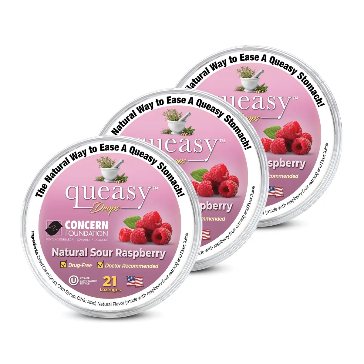 Three Lollies Queasy Drops - Sour Raspberry Flavor - Travel Sickness & Nausea Relief, Soothes Stomach & Dry Mouth, Natural Ingredients - 21ct (3-Pack) - main product image