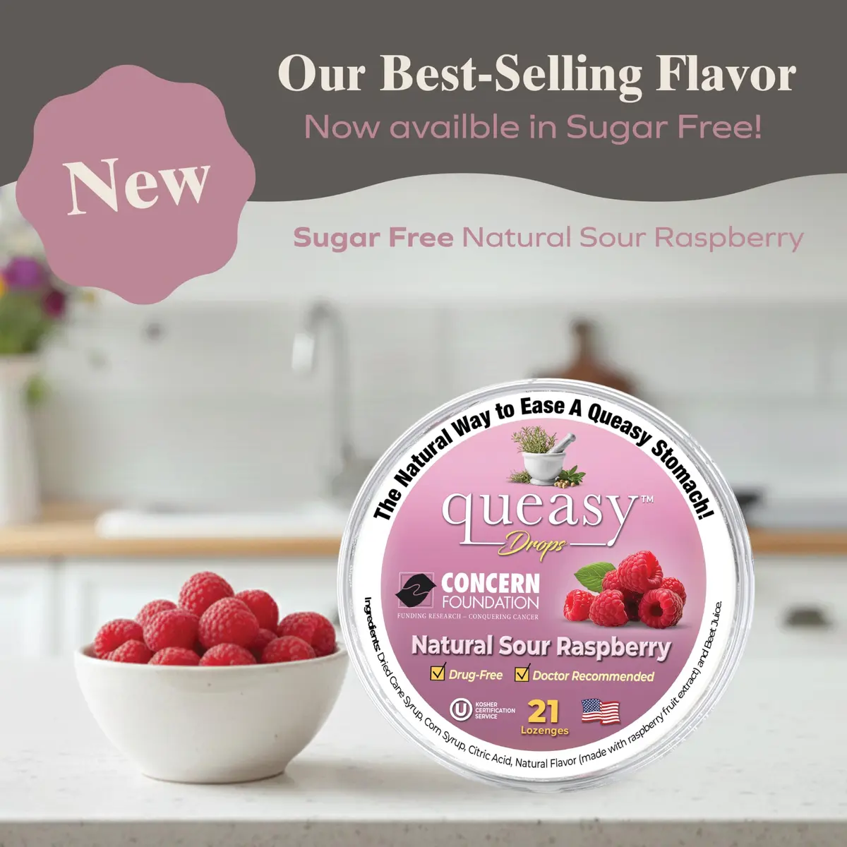 Three Lollies Queasy Drops - Sour Raspberry Flavor - Travel Sickness & Nausea Relief, Soothes Stomach & Dry Mouth, Natural Ingredients - 21ct (3-Pack) - view 3