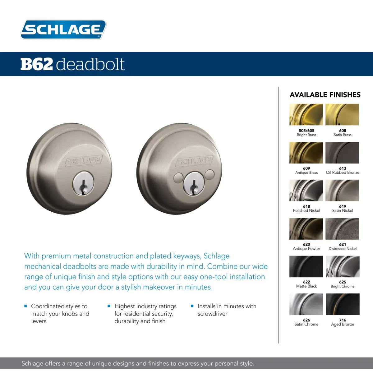SCHLAGE B62N609 Double Cylinder Deadbolt, Keyed 2 Sides, Antique Brass, 16.51 cm (6.5 in) - view 4