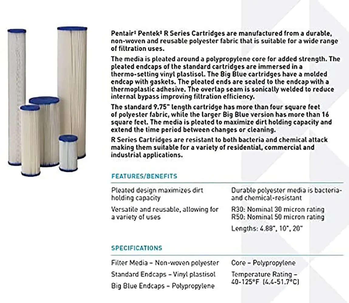Pentair Pentek R30-20BB Big Blue Sediment Water Filter 20" x 4.5" | 30 Micron, Reusable, Whole House Filtration - view 3