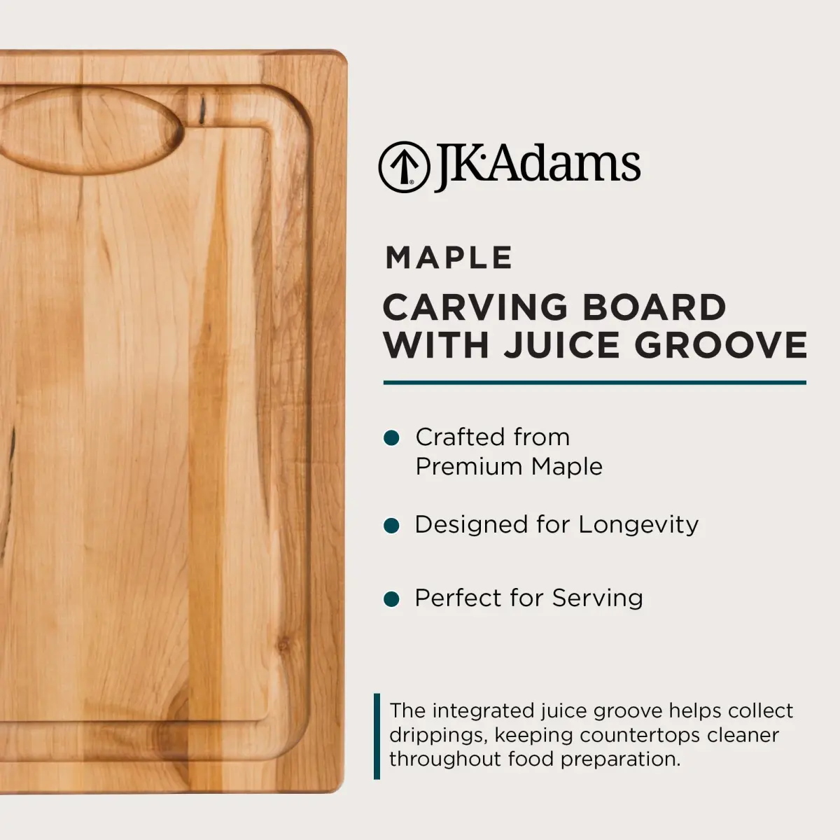 J.K. Adams Farmhouse Maple Carving Board with Juice Groove, 50.8cm x 35.5cm x 1.9cm | Premium Hardwood Craftsmanship for Everyday Use - view 3
