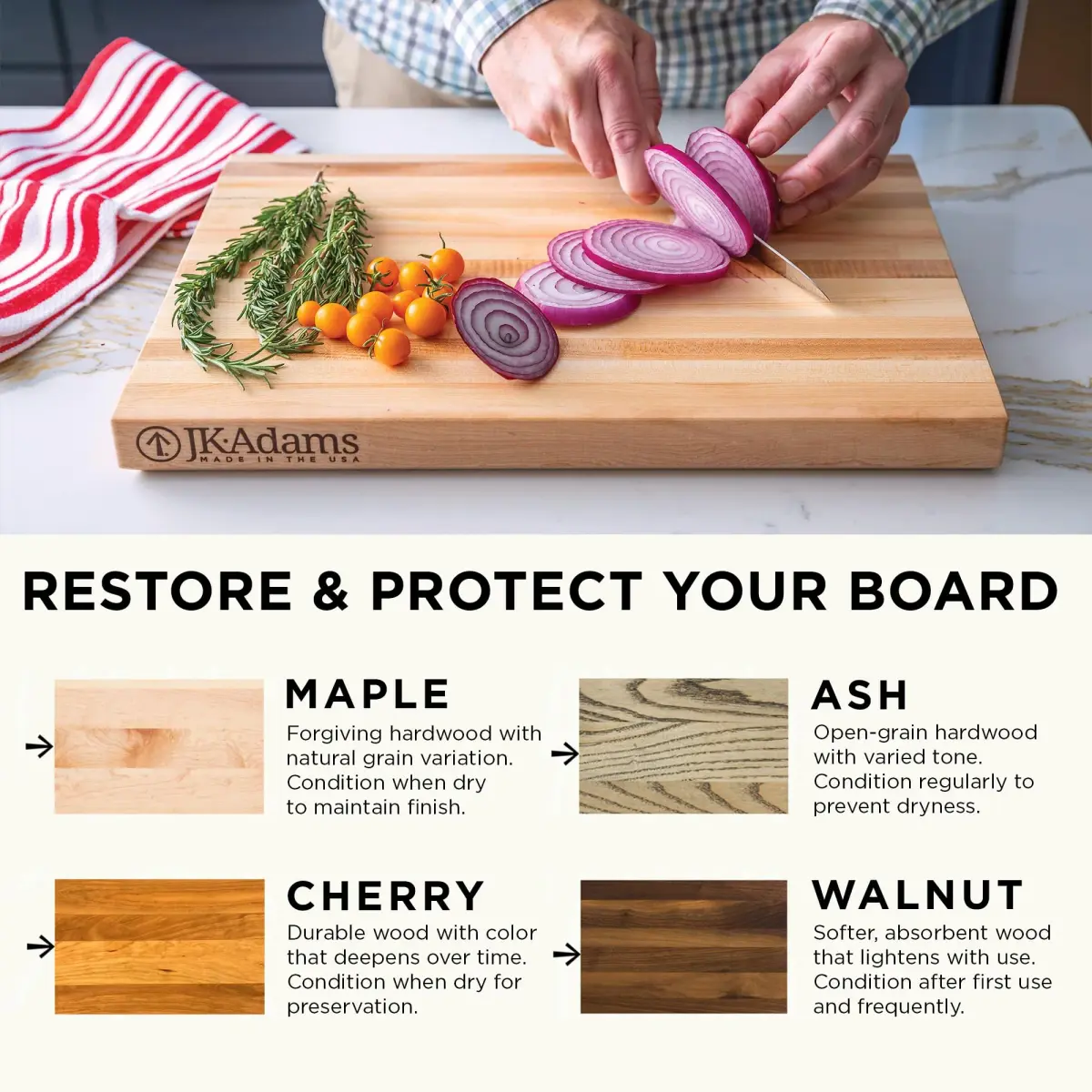 J.K. Adams Farmhouse Maple Carving Board with Handles 51cm x 36cm x 2cm | Premium Hardwood Craftsmanship for Daily Prep & Entertaining - view 7