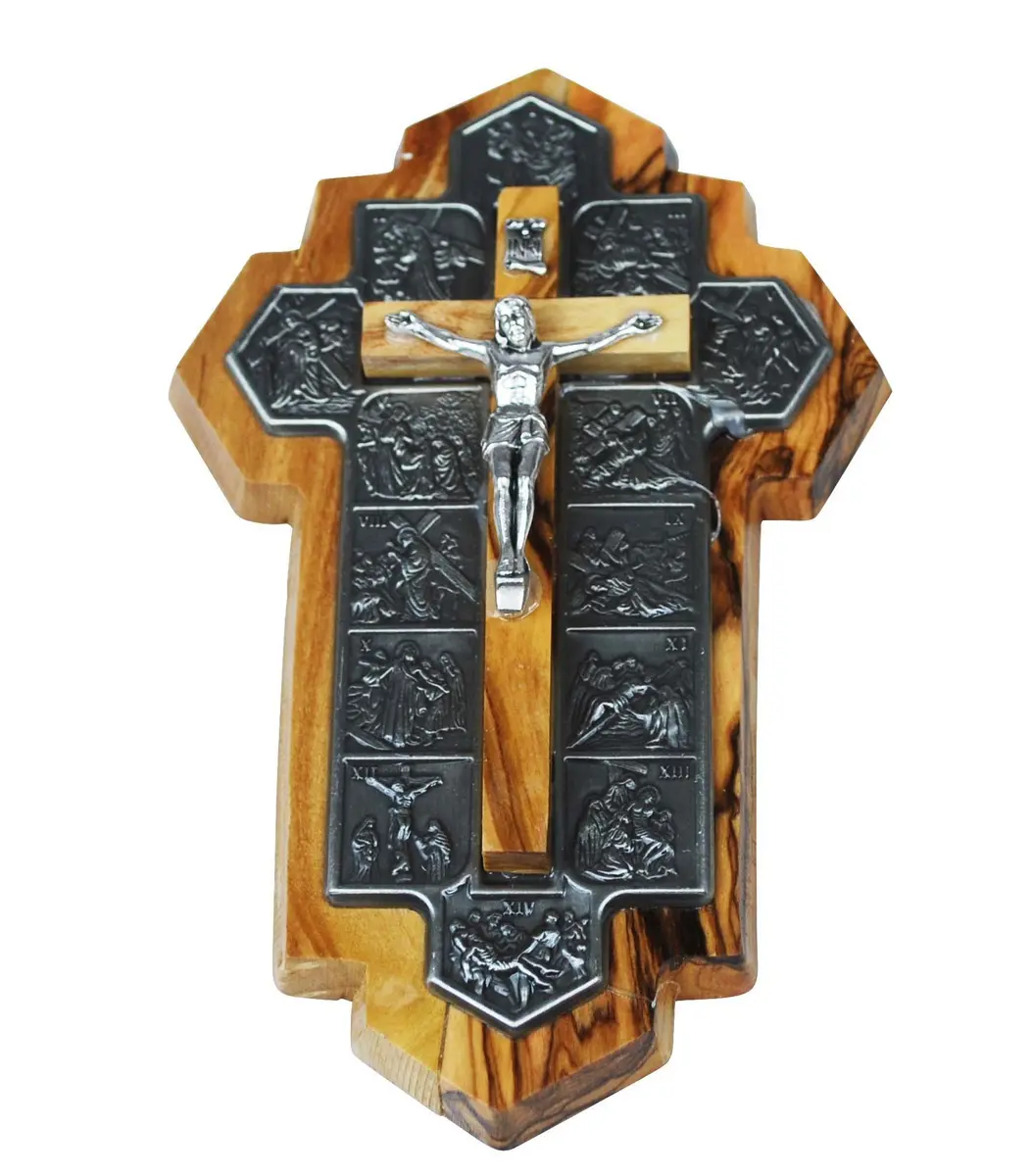 Holy Land Market Olive Wood Crucifix 14 Stations of the Cross | Handcrafted Bethlehem Religious Decor (14x9x1 cm) - main product image