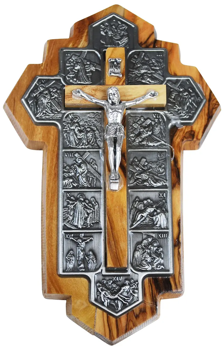 Holy Land Market Olive Wood Crucifix 14 Stations of the Cross | Handcrafted Bethlehem Religious Decor (14x9x1 cm) - view 2