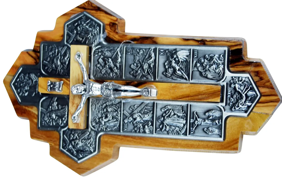 Holy Land Market Olive Wood Crucifix 14 Stations of the Cross | Handcrafted Bethlehem Religious Decor (14x9x1 cm) - view 3