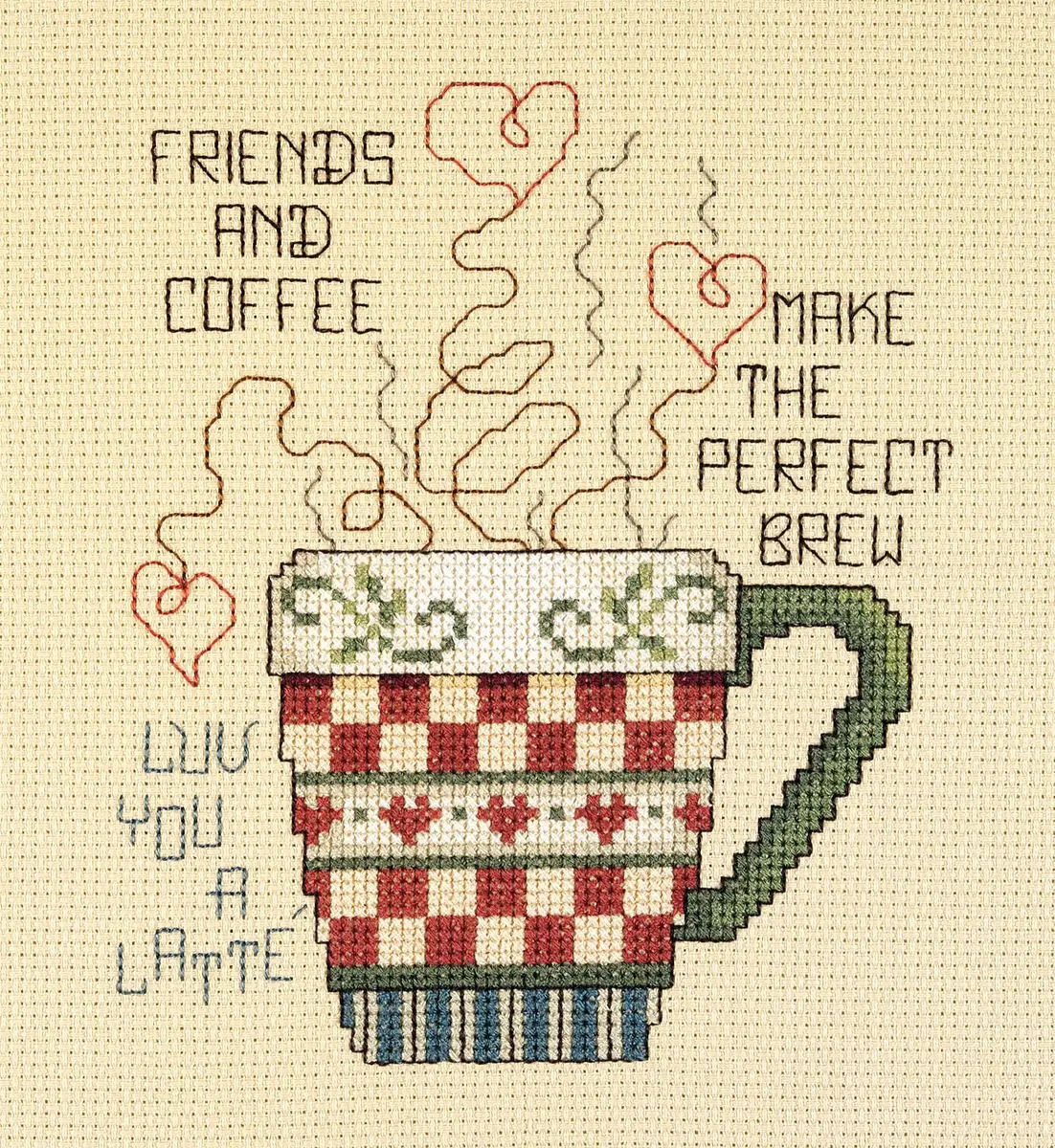 Janlynn Friends and Coffee Cross Stitch Kit 5x6 Inch White | Beginner Counted Kit with Cotton Aida & Floss - main product image