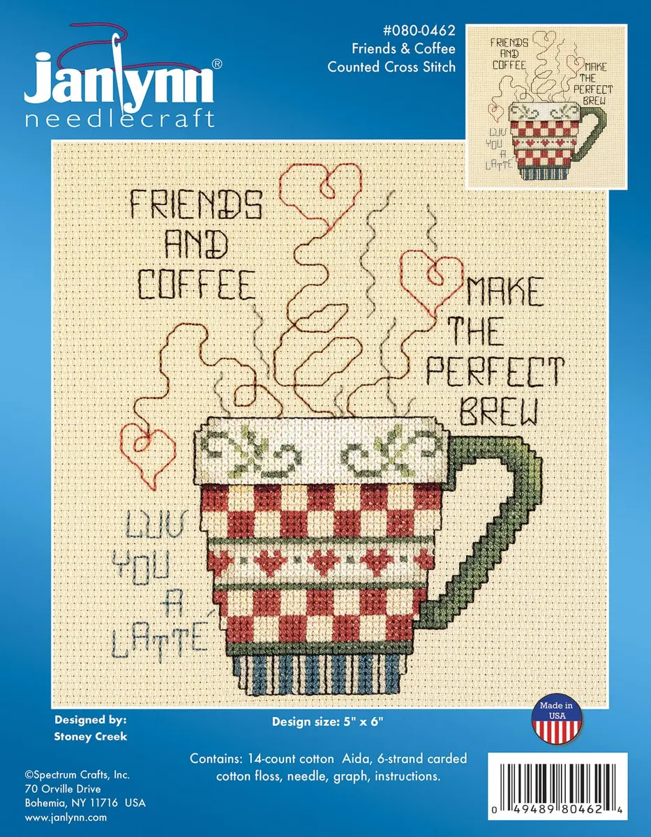 Janlynn Friends and Coffee Cross Stitch Kit 5x6 Inch White | Beginner Counted Kit with Cotton Aida & Floss - view 2