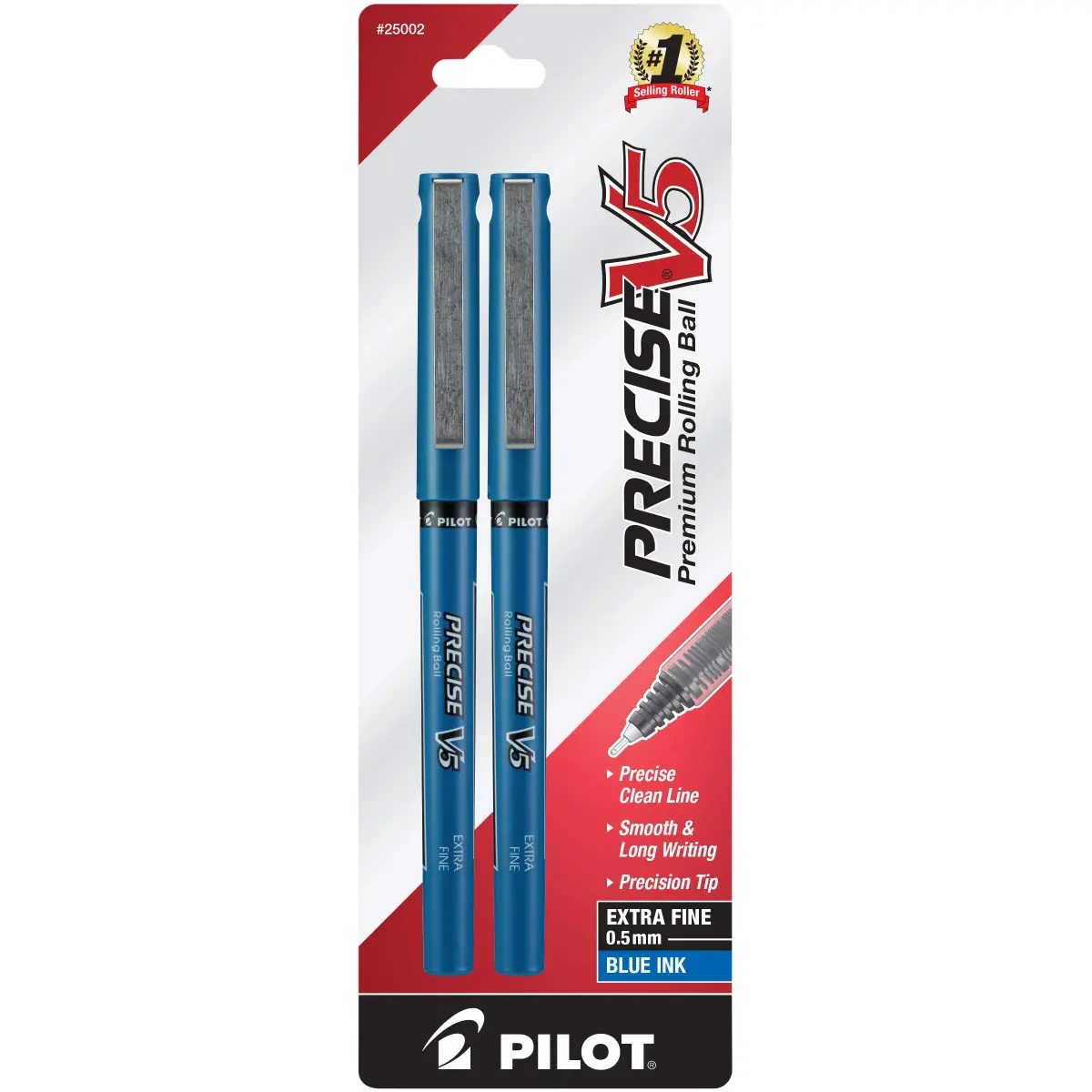 PILOT Precise V5 Stick Rolling Ball Pens, Extra Fine Point (0.5mm) Blue Ink, 2-Pack | Smooth Ink Flow for Students & Office - main product image