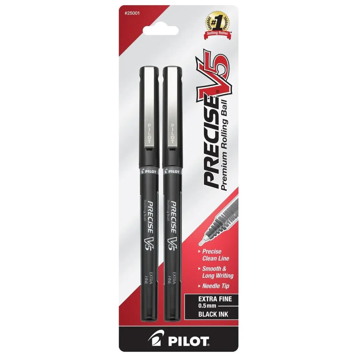 PILOT Precise V5 Stick Rolling Ball Pen, Extra Fine Point (0.5mm) Black Ink, 2-Pack | Smooth Ink Flow - main product image