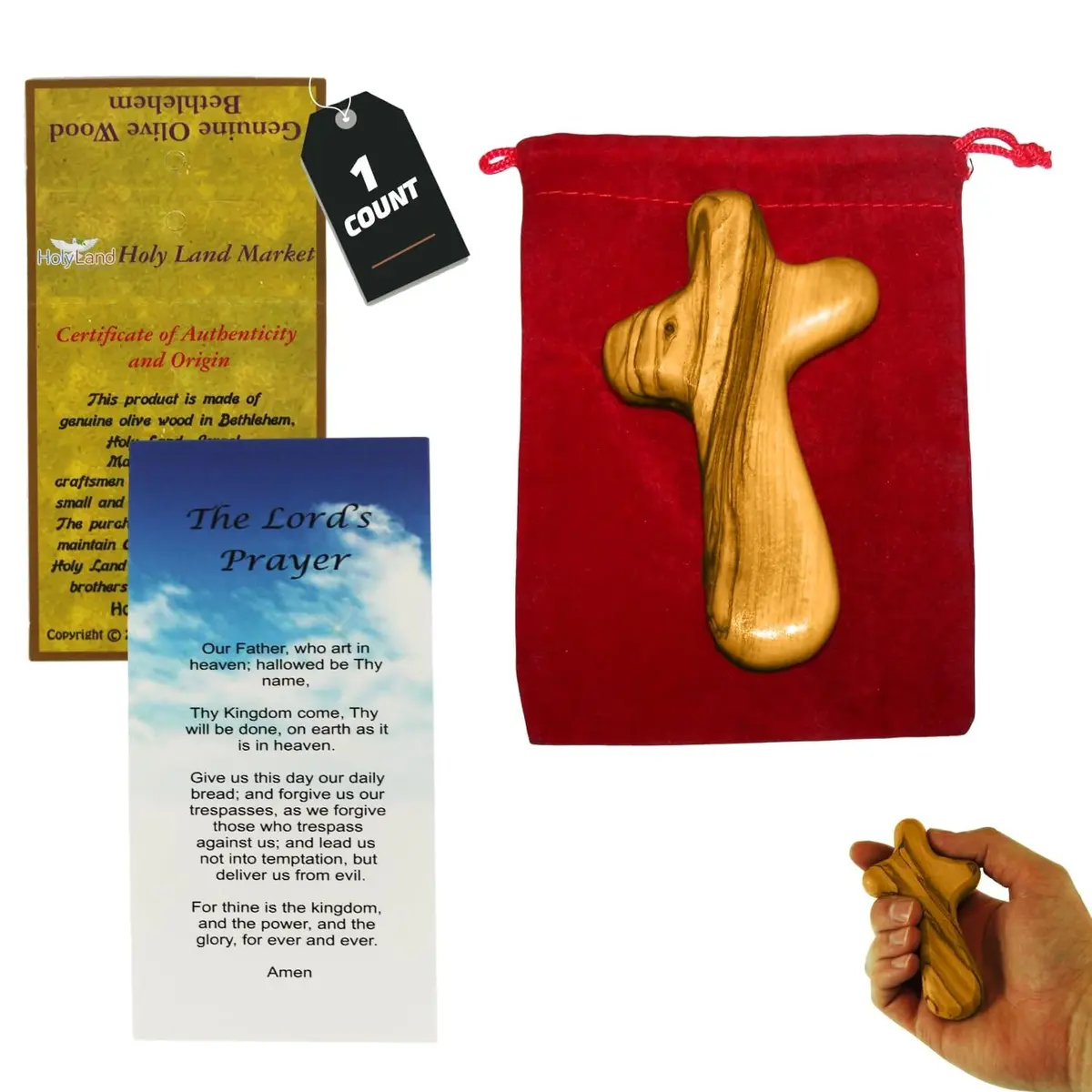 Holy Land Market Olive Wood Comfort Cross 4 Inch | Handcrafted Bethlehem Faith Symbol - main product image