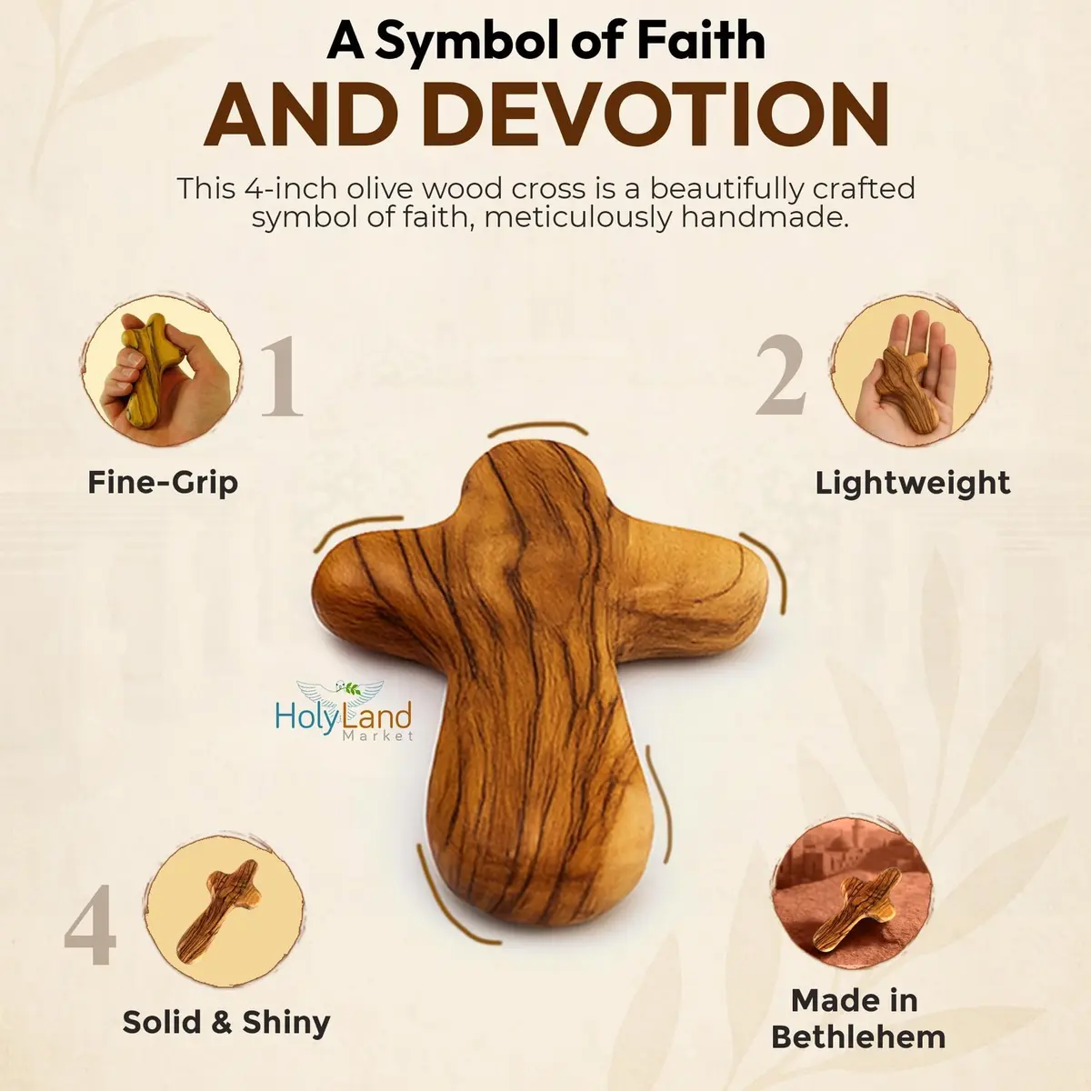 Holy Land Market Olive Wood Comfort Cross 4 Inch | Handcrafted Bethlehem Faith Symbol - view 5