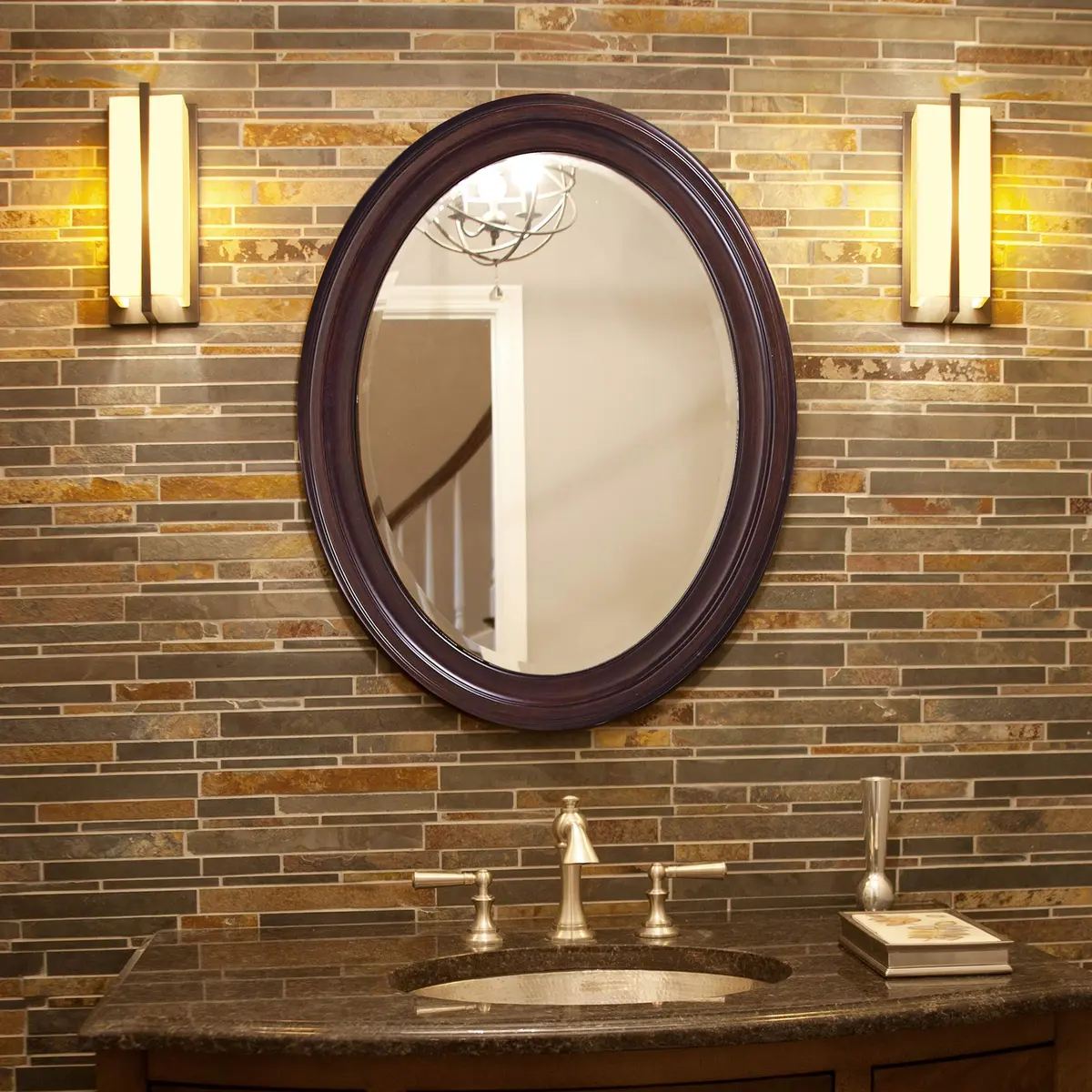Howard Elliott Collection George Oval Chocolate Brown Wall Mirror 33 x 25 Inch | Beveled Wood Framed Vanity Mirror - view 6