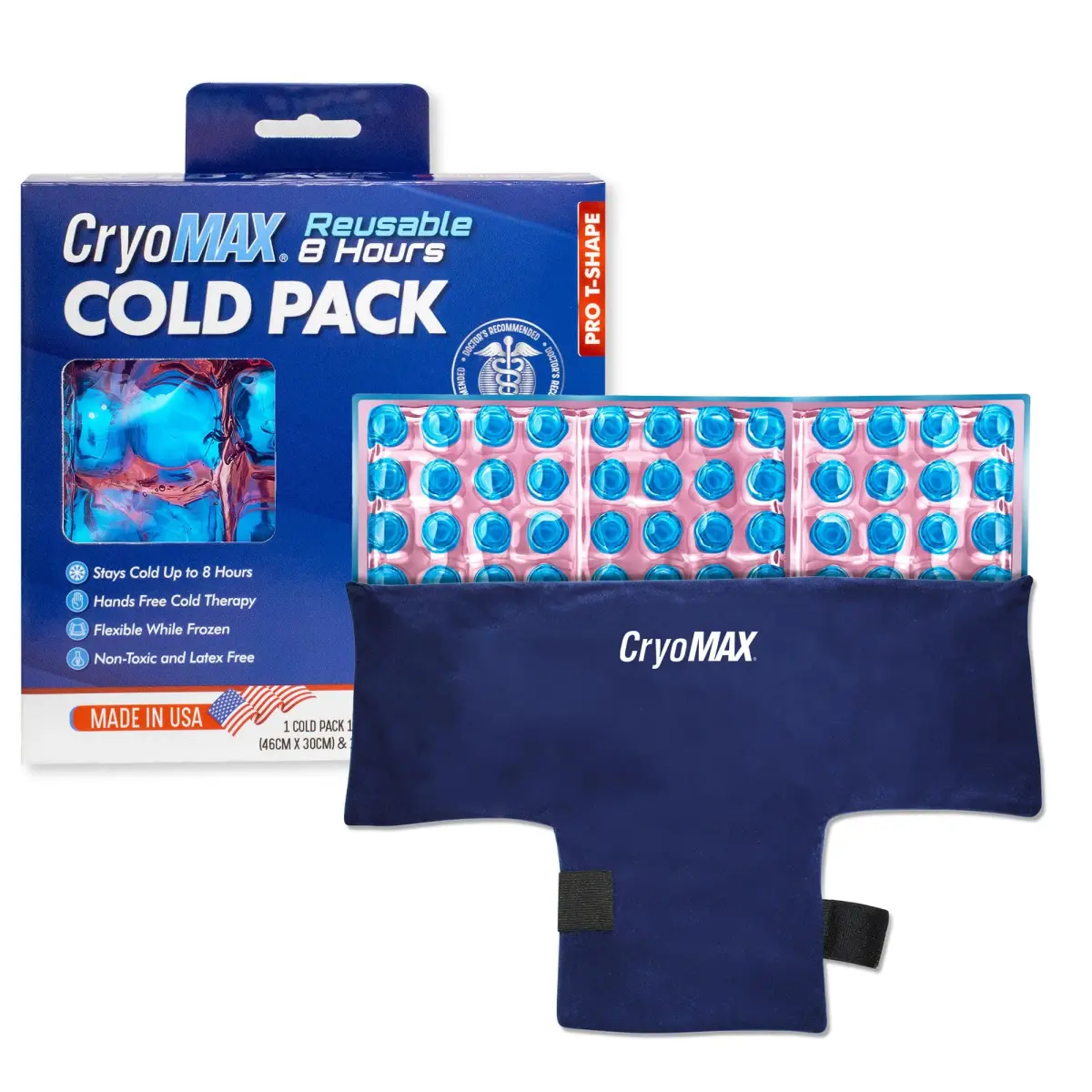CryoMAX Reusable Cold Pack T-Shape 1200g (42.3 oz) | 8-Hour Cold Therapy with Adjustable Straps - main product image