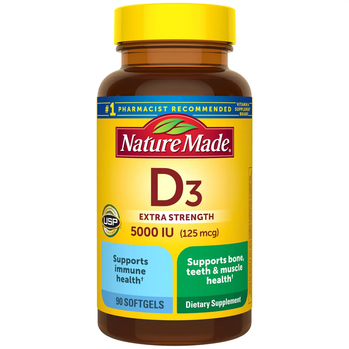 Nature Made Vitamin D3 5000 IU (125 mcg), 90 Vitamin D Softgels | Extra Strength for Bone & Immune Support - main product image