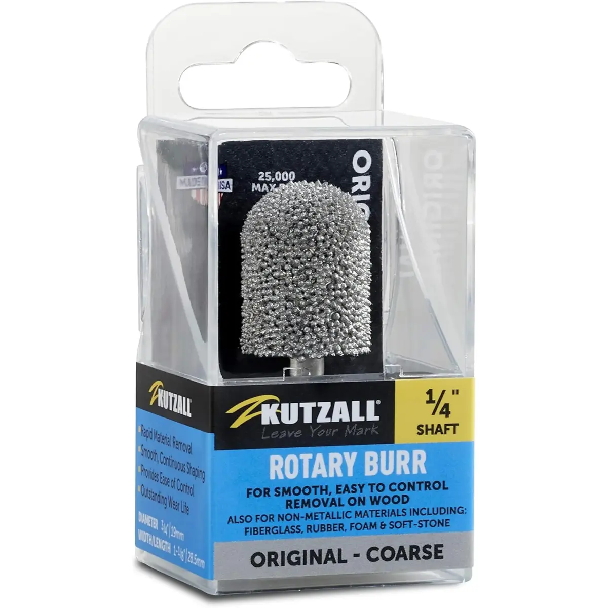 Kutzall Original Ball Nose Rotary Burr 19mm (0.75") Dia. X 28.5mm (1.13") L | Tungsten Carbide Wood Carving Bit for Die Grinders - main product image