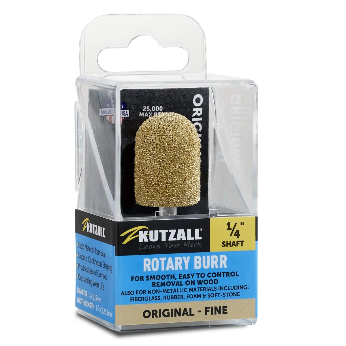 Kutzall Original Ball Nose Rotary Burr 19mm (3/4") Dia. x 28.5mm (1-1/8") L | Tungsten Carbide Wood Carving Bit for Die Grinders - main product image