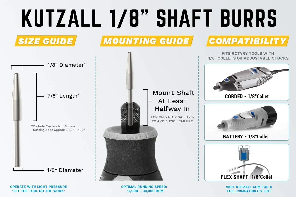 Kutzall Original Taper Rotary Burr 1⁄8" Shaft Fine | Wood Carving & Detailing Tool - view 3