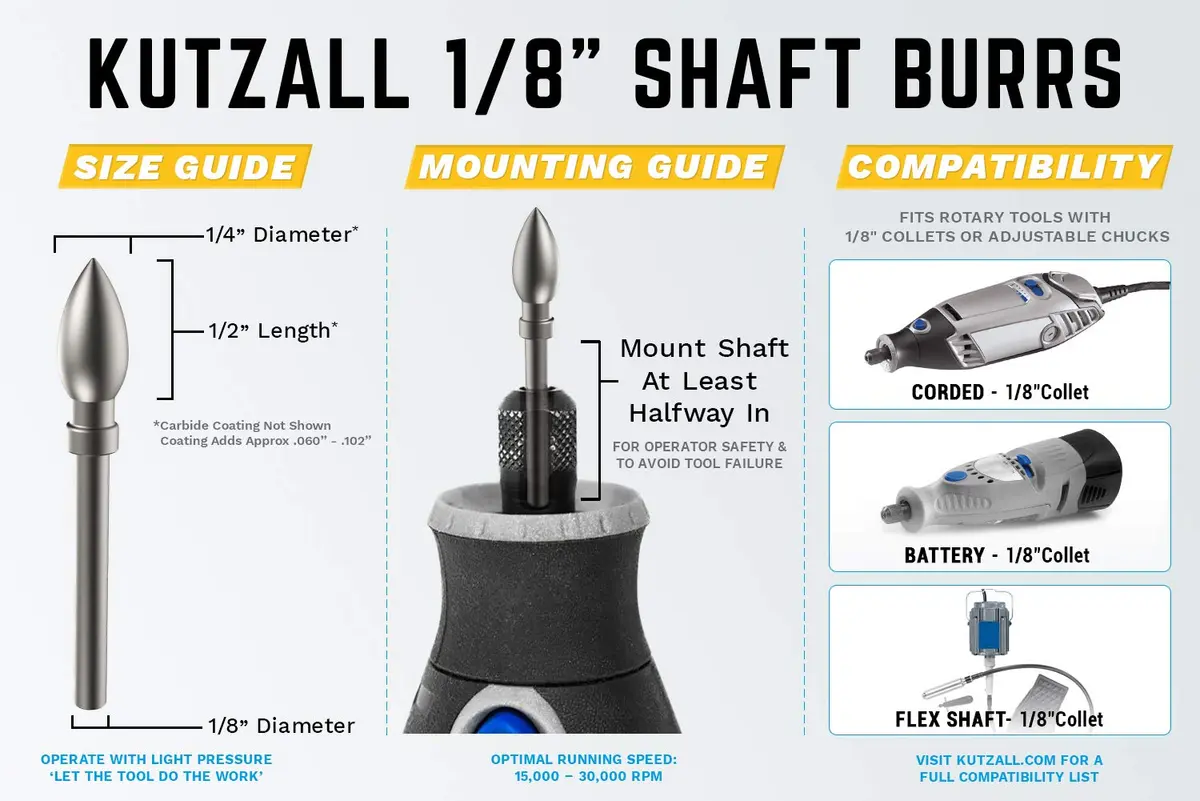 Kutzall Original Flame Rotary Burr 1/8" Shaft Coarse Wood Carving Tool for Dremel, Foredom, DeWalt, Milwaukee | Tungsten Carbide - view 2