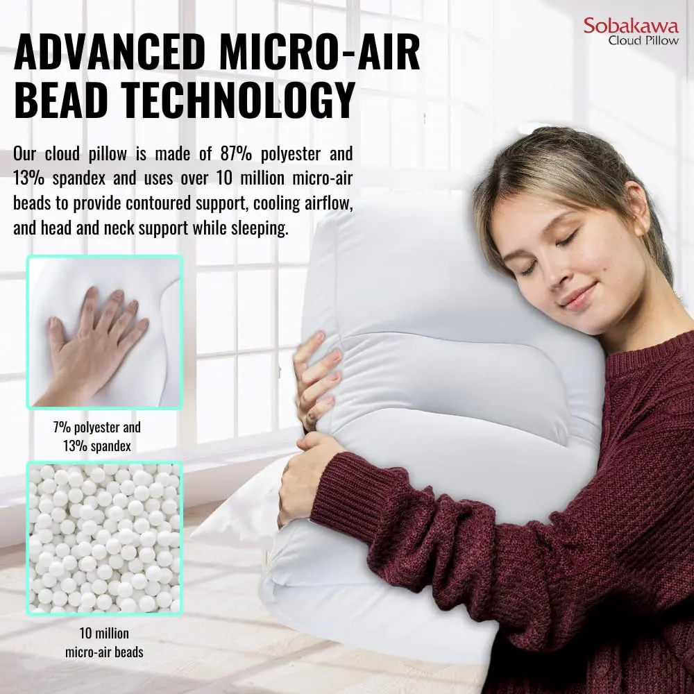 Sobakawa Cloud Pillow with Microbead Fill - Contoured Neck Support Pillow - White - 18.5 x 12.6 x 3.15 inches (47 cm x 32 cm x 8 cm) - view 4