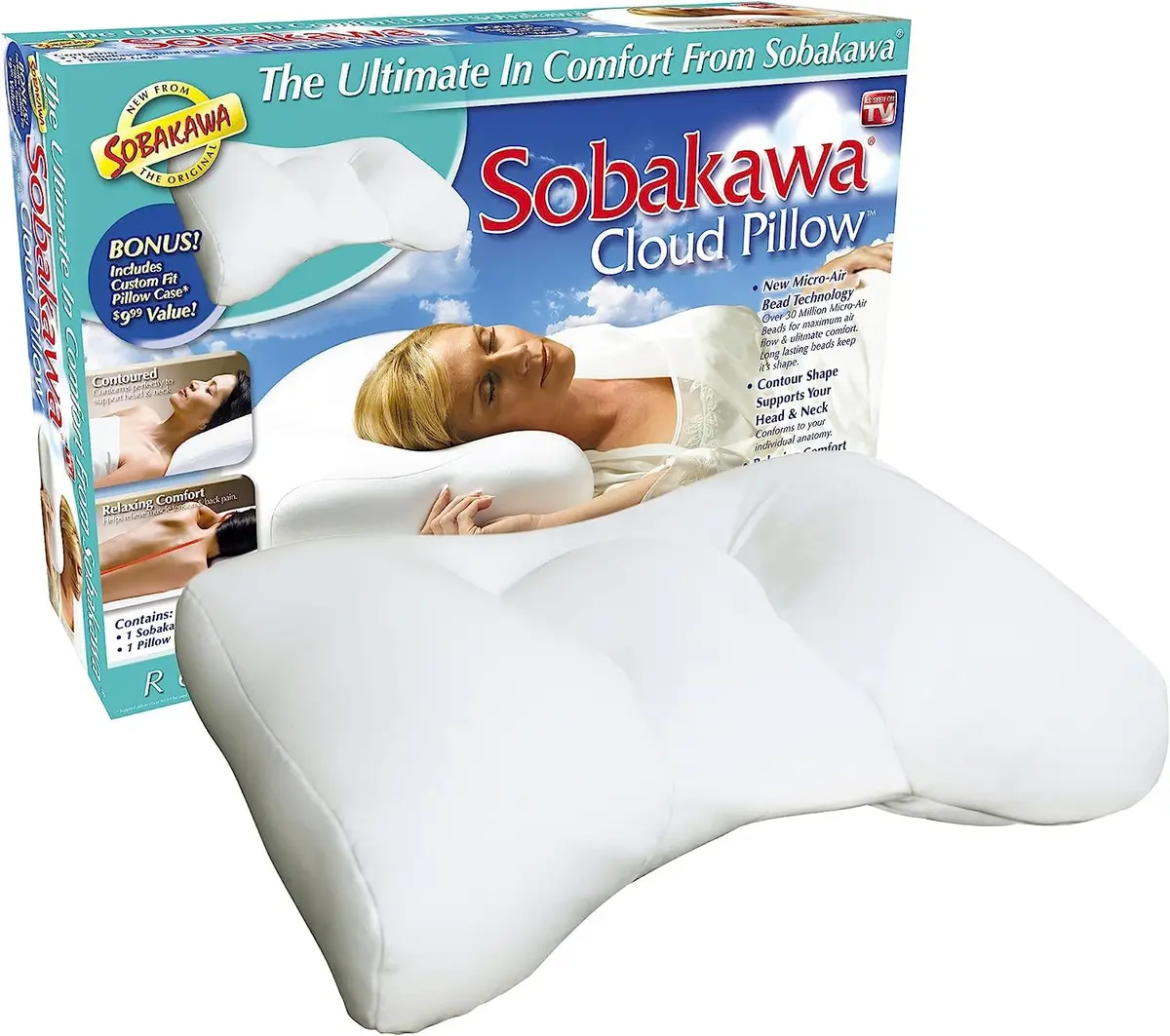 Sobakawa Cloud Pillow with Microbead Fill - Contoured Neck Support Pillow - White - 18.5 x 12.6 x 3.15 inches (47 cm x 32 cm x 8 cm) - main product image