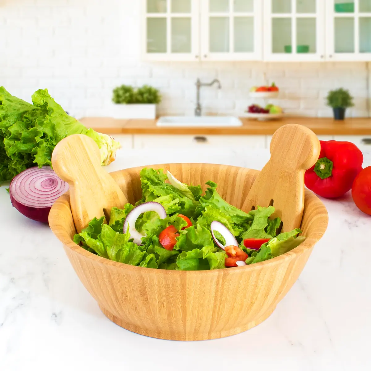 Totally Bamboo Salad Hands, Wood Salad Tongs Alternative for Serving | Eco-Friendly Bamboo Salad Server Set - view 6