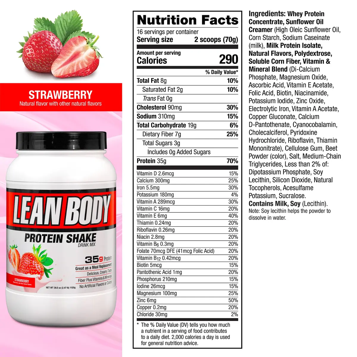 Labrada Lean Body Hi-Protein Shake Strawberry 2.47lb | Supports Lean Body & Muscle Recovery - view 5