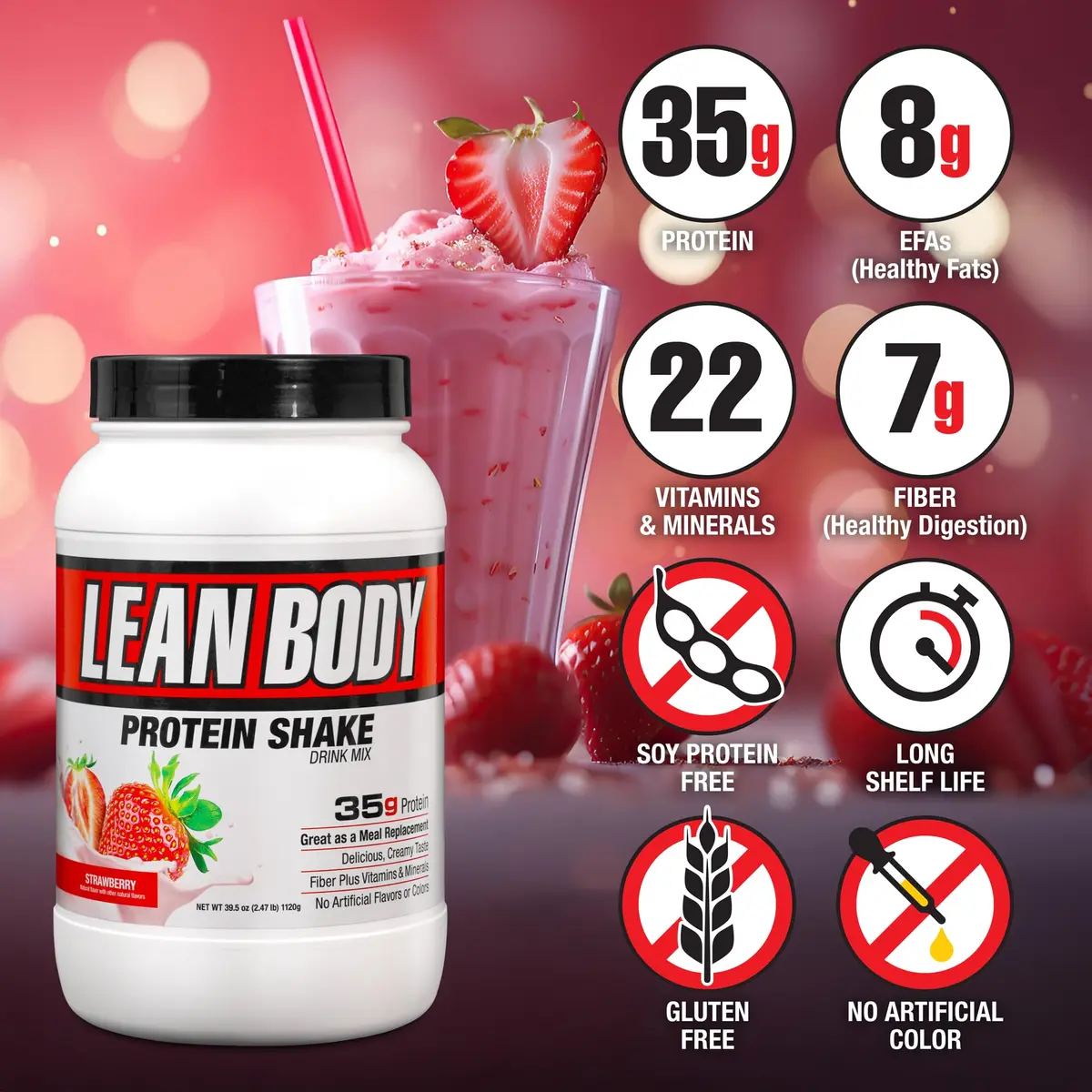 Labrada Lean Body Hi-Protein Shake Strawberry 2.47lb | Supports Lean Body & Muscle Recovery - view 2