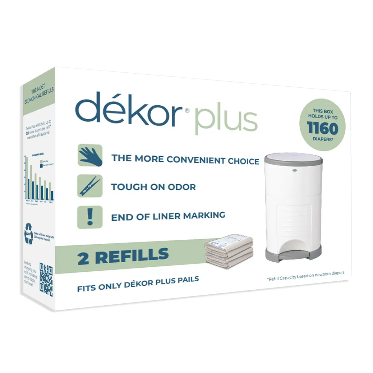 Diaper Dekor Plus Diaper Pail Refills | 2 Count | Most Economical Refill System | Quick & Easy to Replace | No Preset Bag Size Use Only What You Need - main product image