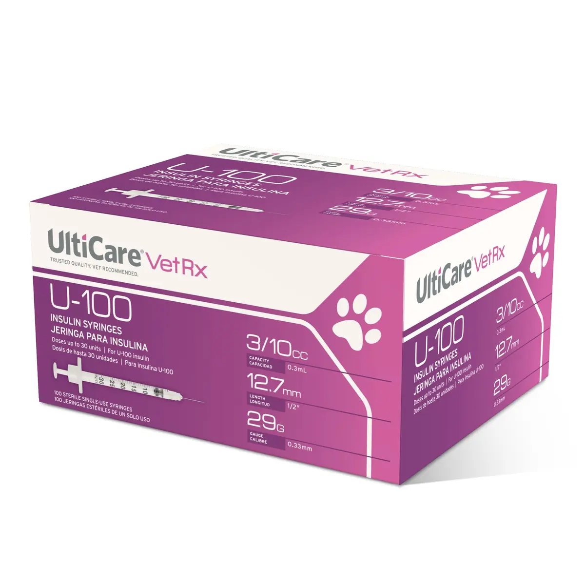 UltiCare VetRx U-100 Insulin Syringes for Pets, 3/10cc, 29G x 1/2" | Precise, Comfortable Pet Insulin Delivery - main product image