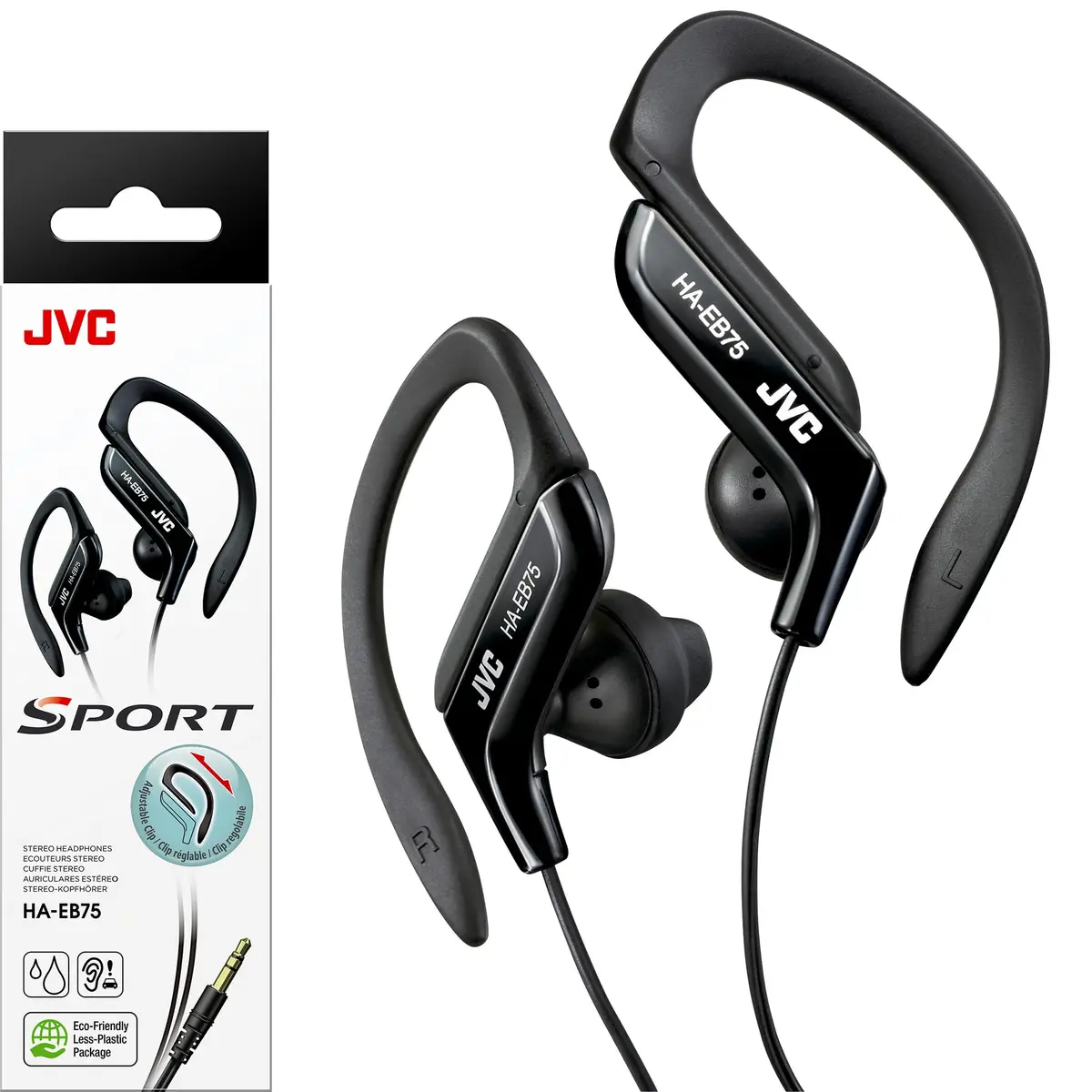JVC Sports Clip Headphone Black | Adjustable Earclip, Splash-Proof, 13.5mm Driver - main product image